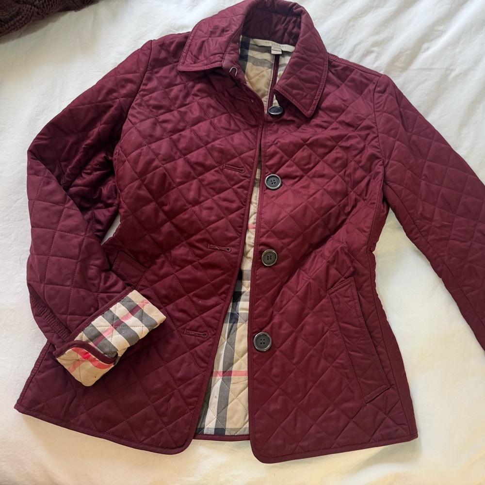 Burberry Maroon Quilted Jacket with Check Lining